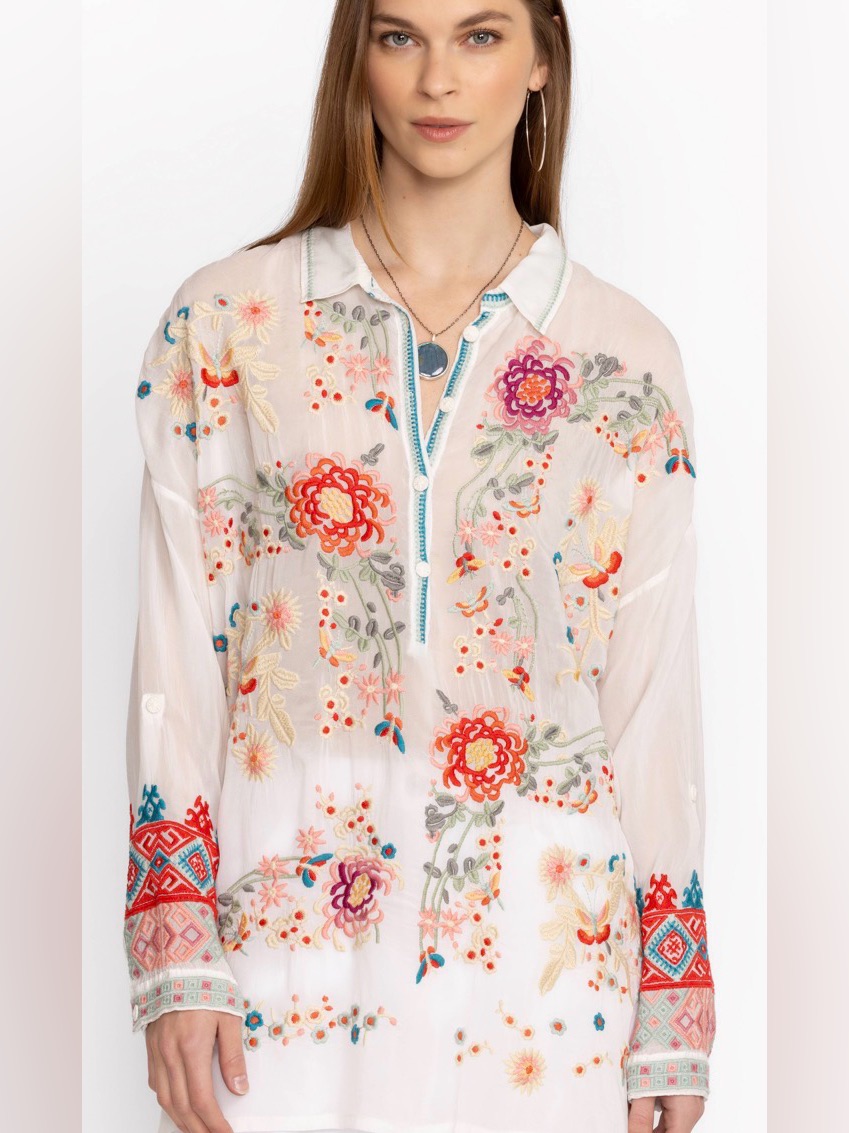 Johnny Was Adrina Tunic Blouse White Floral Embroidered Summer Coastal Boho Xs
